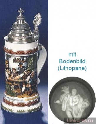 Немецкая литровая кружка с конусовидной крышкой, полупрозрачным дном и  изображением сценки в пабе