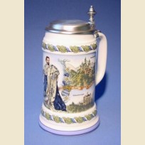 Немецкая керамическая литровая пивная кружка с крышкой и изображением короля Баварии Людвига II