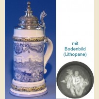 Литровая пивная кружка с полупрозрачным дном и изображением Мюнхена 1757 в синих тонах.