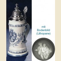 Фарфоровая пивная кружка с крышкой, полупрозрачным дном и рисунком баварского герба в голубых тонах